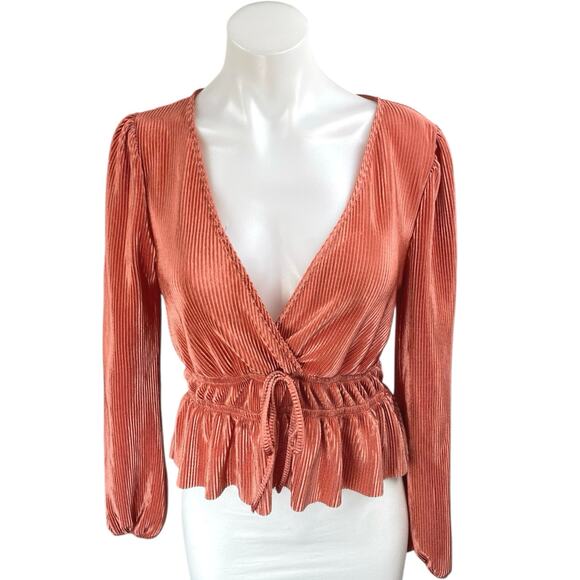 Blashe Orange Long Sleeve Plunge V-Neck Cinched Waist Tie Peplum Blouse Top Sz S - Picture 1 of 4